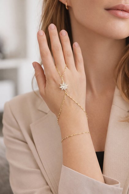 Elegant Floral Motif Steel Shahmeran Bracelet – Gold Color Stone Detailed Hand Chain