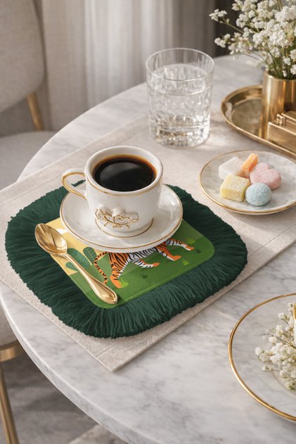 Luxury Safari Fringed Coffee Side Presentation Napkin - Tiger Wild Nature Bohemian Green Coaster Napkin