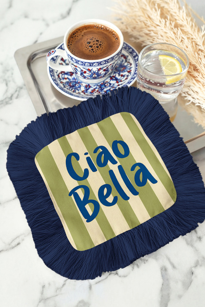 Italian Elegance Fringed Presentation Napkin - Striped Modern Olive Green Navy Blue Coaster Tissue