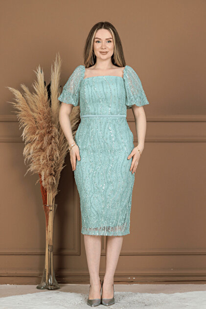 mint green pencil dress AOMEI Mint Green Jacquard Pencil Dress Women's Cocktail Dresses Wedding Guest Puff Sleeve Bow Decor Slim Fit Midi Elegant Vintage Glamorous,S