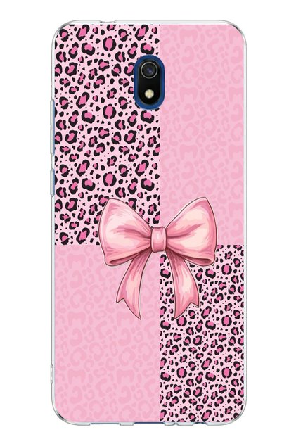 Redmi 8A Compatible Pink Leopard Pattern and Ribbon Printed Silicone Case