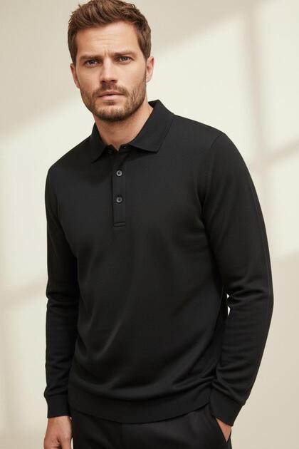 Polo Collar Cotton Basic Black Sweatshirt