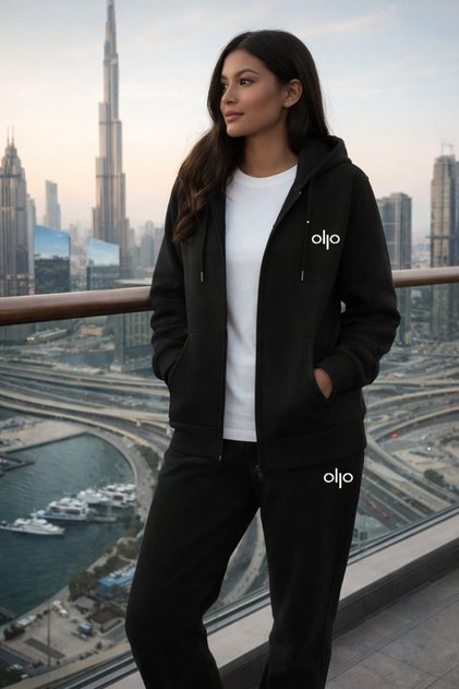 Printed Ollo Black Zippered Cardigan Tracksuit Set Unisex Winter/Seasonal 3 Yarn Fabric 100% Cotton