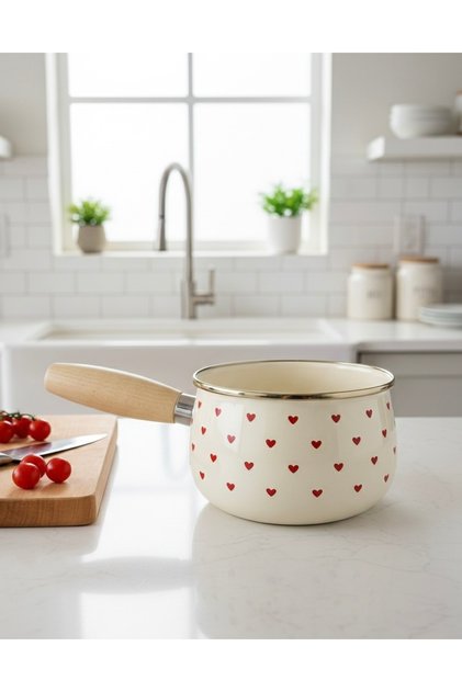 Enamel Small Heart Patterned Milk Pot, Sauce Pan