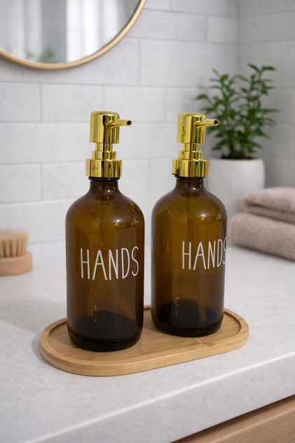 Glass Soap Dispenser Set 500 ml with Bamboo Base | Modern Design for Bathroom and Kitchen