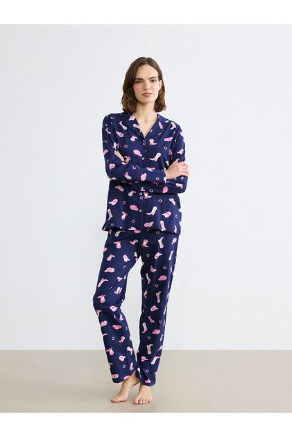 Hilfa New Season Shirt Collar Printed Women's Pajama Set