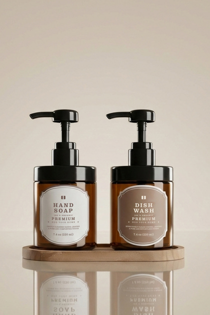 Set of 2 Amber Soap Dispensers with Wooden Stand 220 ml - Kitchen Detergent Dispenser and Liquid Soap Dispenser - 220Hdgcoval