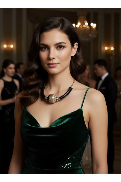 Black Gold Ball Detailed Modern Necklace – Stylish Evening Dress & Event Women's Designer Choker Necklace