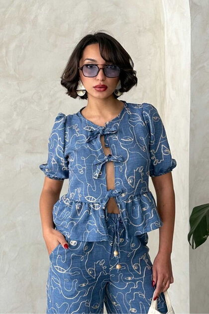 Front Tie Embroidered Blouse - Dark Blue | Gml2788 - Dark Blue