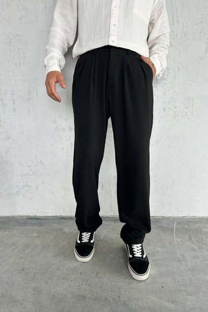 Men's Black Pleated Elastic Waist Baggy Premium Fabric Trousers