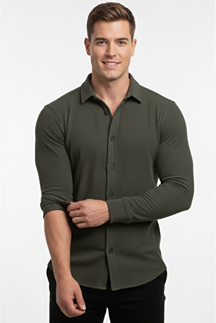 Haki Slim Fit Örme Kumaş Likralı Erkek Gömlek – Nefes Alan Esnek ve Modern Tasarım 2602604