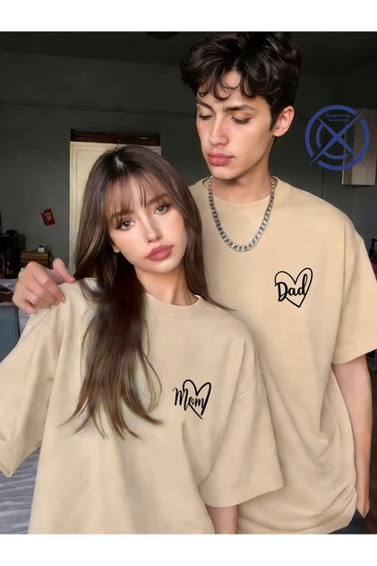 Mom Dad Printed Lover's Matching Couple T-Shirt Oversize Unisex Minimal Romantic Couple Combination