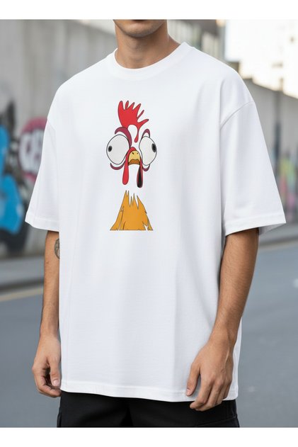 Unisex White Chicken Pattern Cotton T-Shirt Funny Cartoon Printed