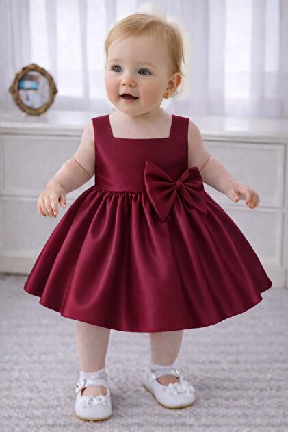SUNEH Baby Girl Burgundy Square Collar, Bow Detail, Birthday, Party Dress-  Trendyol