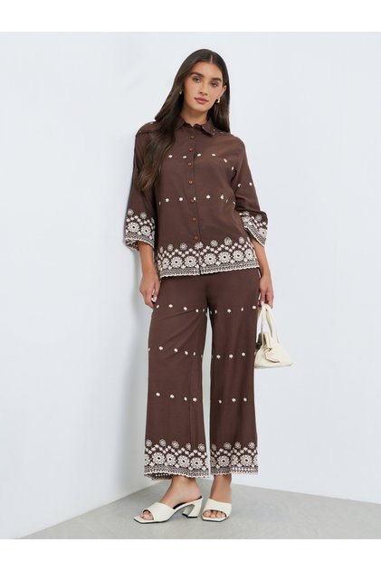 Women Brown Embroidered Shirt and Trousers Co-Ords