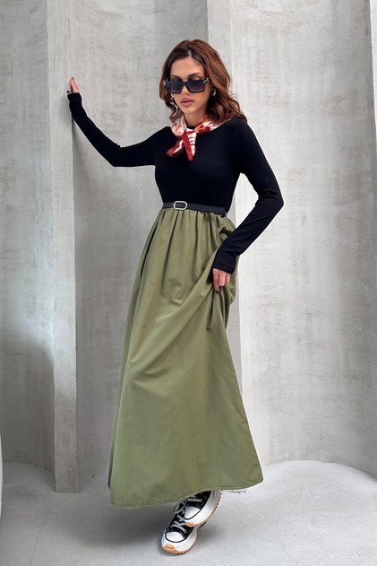 FUSTĂ MAXI DE DAMĂ, PARTE SUPERIOARĂ DIN POPLIN ȚESUT, PARTEA INFERIOR DIN ȚESĂTURĂ MODAL MOALE, ELASTICĂ, ROCHIE ELEGANTĂ CU CUREA