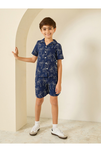 Boys Navy Blue Embroidered Shirt and Shorts Set