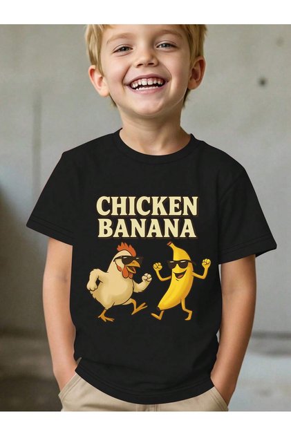 Children's Chicken Banana Printed Oversize Comfortable Daily Use Combed Cotton T-Shirt
