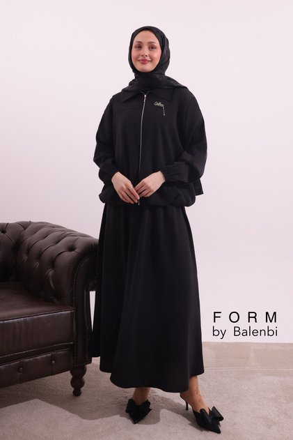 Zipper Detailed Shirt Collar Woven Skirt Hijab Suit 1180 – Form Series