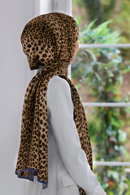 LÜKS MEDİNE BAROK BARDÜRLÜ LEOPAR DESENLİ HARDAL - İNDİGO RENKLİ 75X195 KIRIŞMAZ ŞAL MOSS KREP DİKİŞ