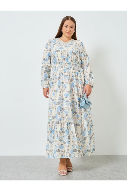 Plus Size Floral Long Sleeves A-Line Maxi Dress