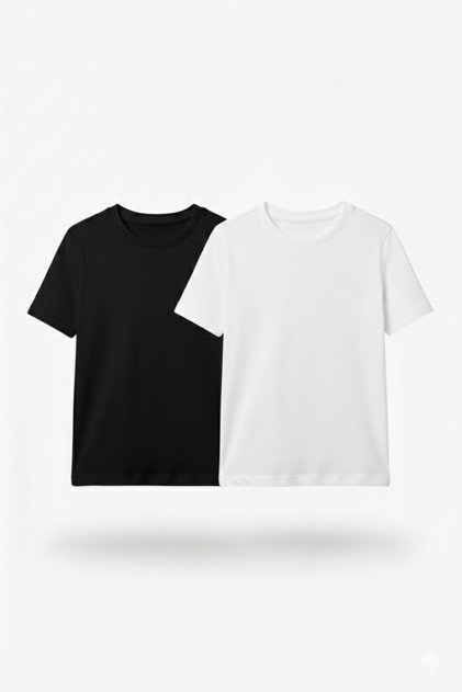 Unisex Kids' Crew Neck Basic Plain 2-Piece Short Sleeve T-Shirt (Black, White)