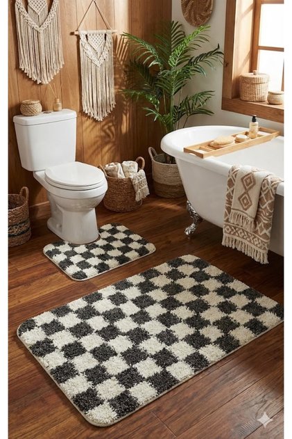 Chess Dama Desenli Lateks Kaymaz Taban Makinede Yıkanabilir 2'li Bohem Banyo Paspası 80x50 50x40 cm