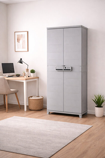 Smart 3 Raflı Uzun Plastik Dolap Kilitli İki Kapılı Çok Amaçlı Banyo Balkon Dolabı Gri