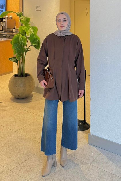 Front Pleated Detailed Shirt Brown