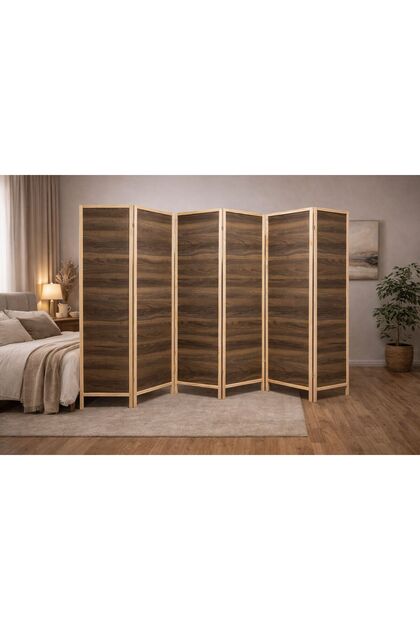 6 Kanatlı 45x175 cm Katlanabilir Modern Ceviz Desenli Ahşap Seperatör Paravan MDF