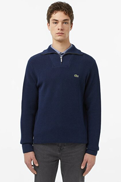Men's Regular Fit Zippered Organic Cotton Navy Blue Sweatshirt