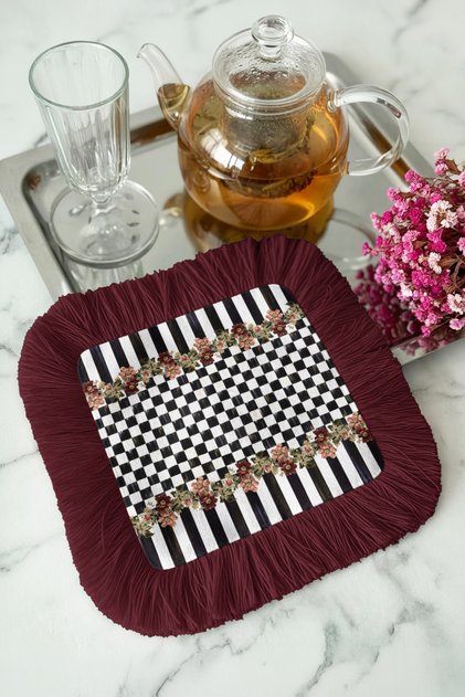 Eye-Catching Floral Square Fringed Decorative Napkin - Modern Striped Checkered Burgundy Coaster Tissue