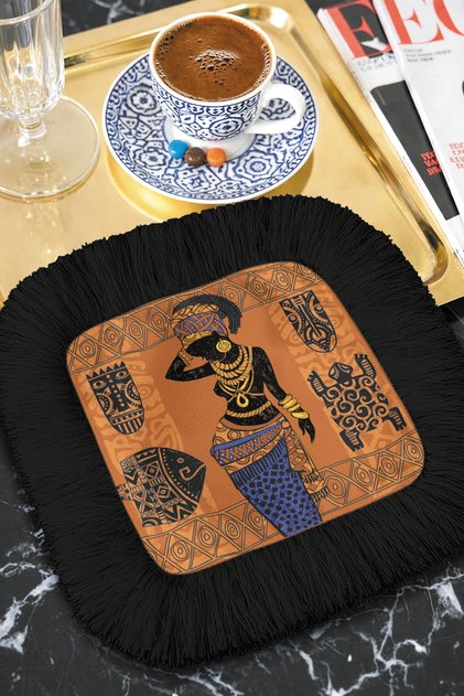 African-Inspired Gold-Color Fringed Presentation Napkin - Ethnic Style Orange Black Coaster Tissue