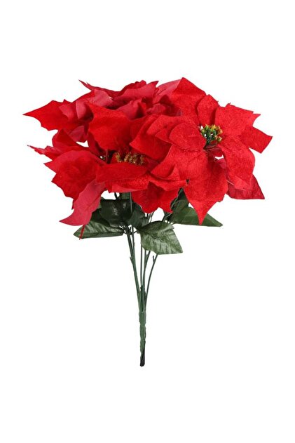 Buchet roșu cu 5 Poinsettii artificiale din catifea, înălțime de 22 de inci - Decorațiune de Crăciun