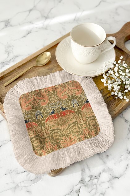 Baroque Elegance Fringed Presentation Napkin - Bohemian Green Cream Patterned Coffee Presentation Napkin with Bird Motif