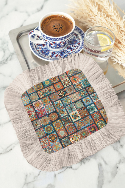 Oriental Mosaic Fringed Coffee Side Serving Napkin - Ethnic Style Turquoise Red Cream Presentation Napkin