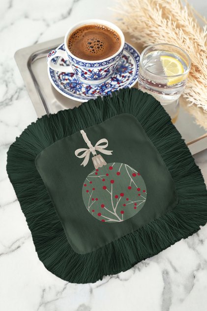 Christmas Decorated Tasseled Presentation Napkin - Dark Green Pine Nostalgic Red Coaster Tissue