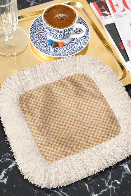 Luxury Retro Fringed Bohemian Presentation Napkin - Square Mosaic Bohemian Beige Colored Coaster Tissue