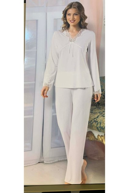Stretchy Fabric Lace Detailed Long Sleeve Women's Pajama Set Boxed