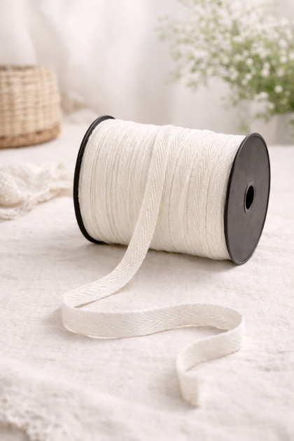 Pamuklu Balıksırtı Dokuma Şerit 1 cm – Krem, Doğal Ham Renk – 10 Metre Dikiş Kapatıcı Şerit Biye