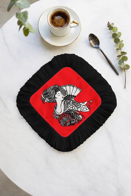 Japanese-Inspired Luxurious Fringed Presentation Placemat Tissue - Geiko Bohemian Red Black Presentation Napkin
