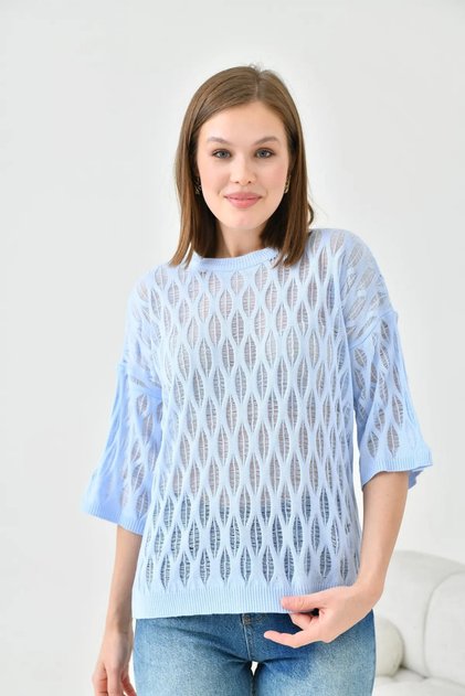 Women's Crew Neck Knit Detail Patterned Oversize Knitwear Sweater 10755