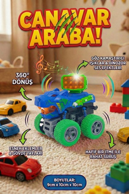 Işıklı Ve Sesli Dinozor Canavar Kamyon - 360° Dönen Sürtmeli Akrobasi Arabası - Oyuncak Araba