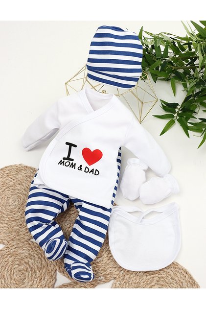Costumas 5 piese I Love Mom&Dad alb-albastru 62 (0-3 luni)