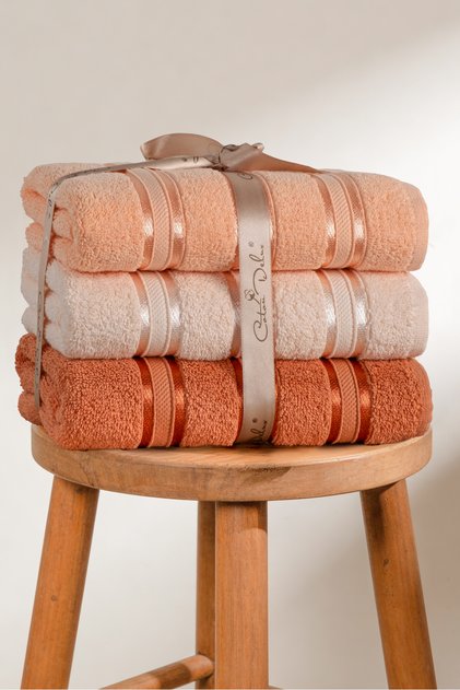 Pera 3-Piece 100% Cotton Towel Set | Hand, Face - Hair Towel | Bag with Contents, Dowry Gift, Gift Item | 50X90 cm