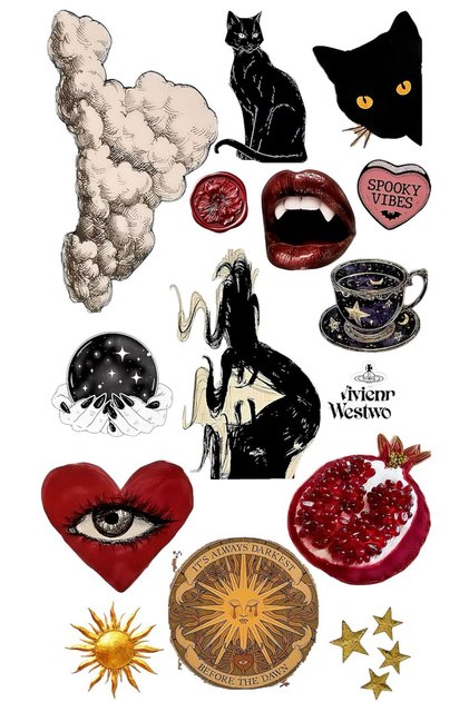 Gotik Dark Aesthetic Sticker Seti 22x30 cm – Siyah Kedi, Vampir Dudak, Nar, Astroloji & Spooky Vibes
