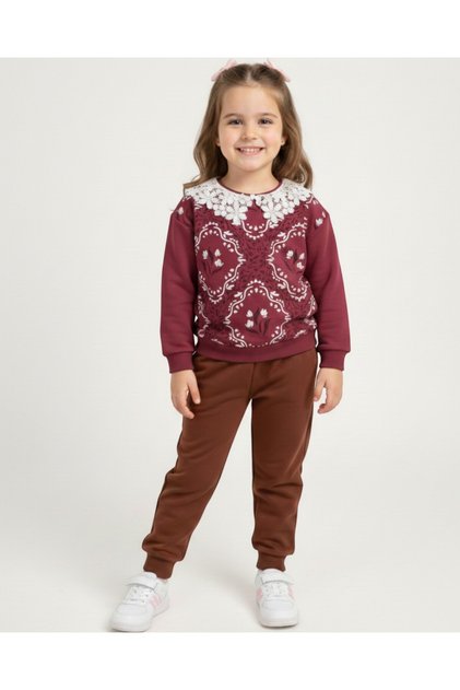 Girl's Seasonal Antique Patterned Baby Collar 2-3-4-5-6 Years Old 2 Thread Stylish Tracksuit Set