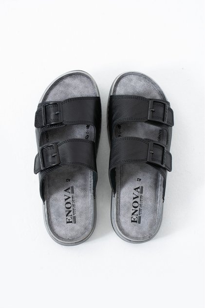 Men's Orthopedic Comfortable Sole Stitched Black Faux Leather Double Buckle Anatomical Slippers