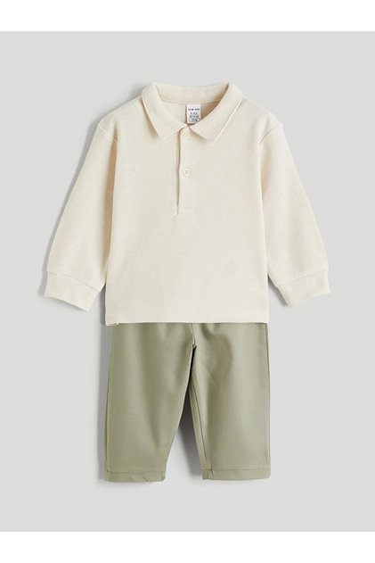 Beige Polo Collar Baby Boy T-Shirt and Pants