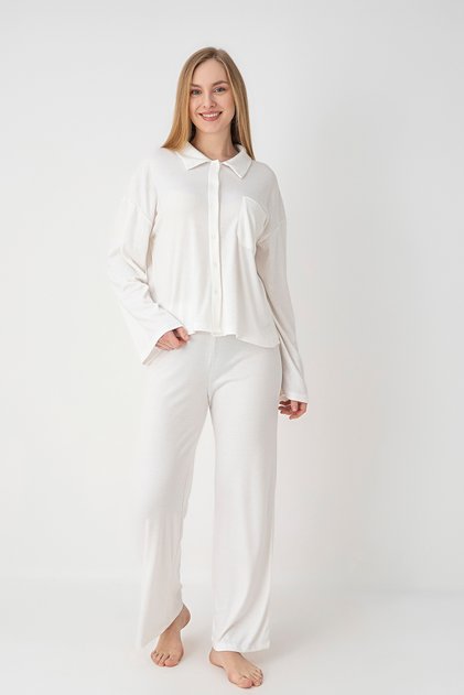 Luna Rib Knit Ecru Long Sleeve Shirt Collar Women's Pajama Set